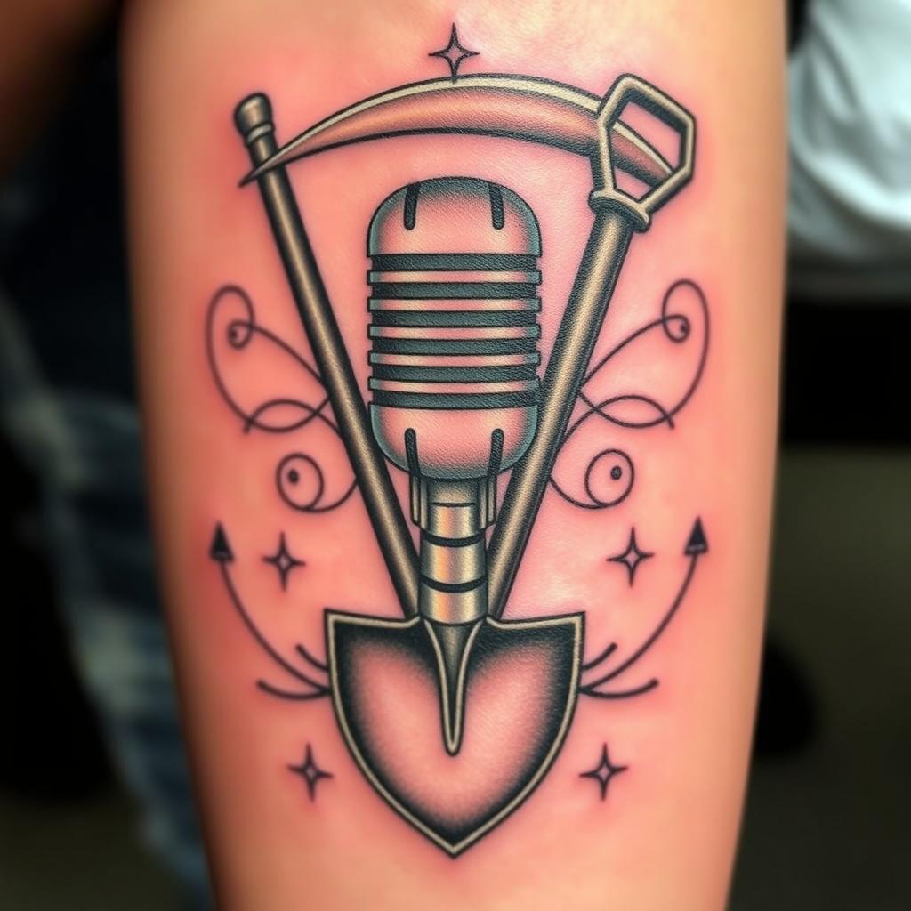 A creative tattoo design that seamlessly combines a microphone, a pickaxe, and a shovel into a single artistic piece
