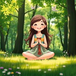 A cheerful girl sitting cross-legged in a serene forest clearing, surrounded by vibrant green trees and dappled sunlight filtering through the leaves