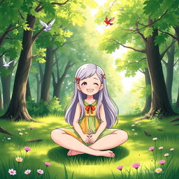 A cheerful girl sitting cross-legged in a serene forest clearing, surrounded by vibrant green trees and dappled sunlight filtering through the leaves