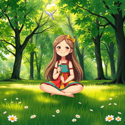 A cheerful girl sitting cross-legged in a serene forest clearing, surrounded by vibrant green trees and dappled sunlight filtering through the leaves