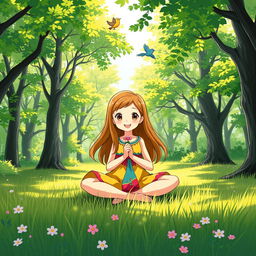 A cheerful girl sitting cross-legged in a serene forest clearing, surrounded by vibrant green trees and dappled sunlight filtering through the leaves