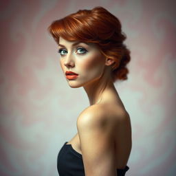 A captivating portrait of a petite redhead woman, posing artistically and confidently in a tasteful manner