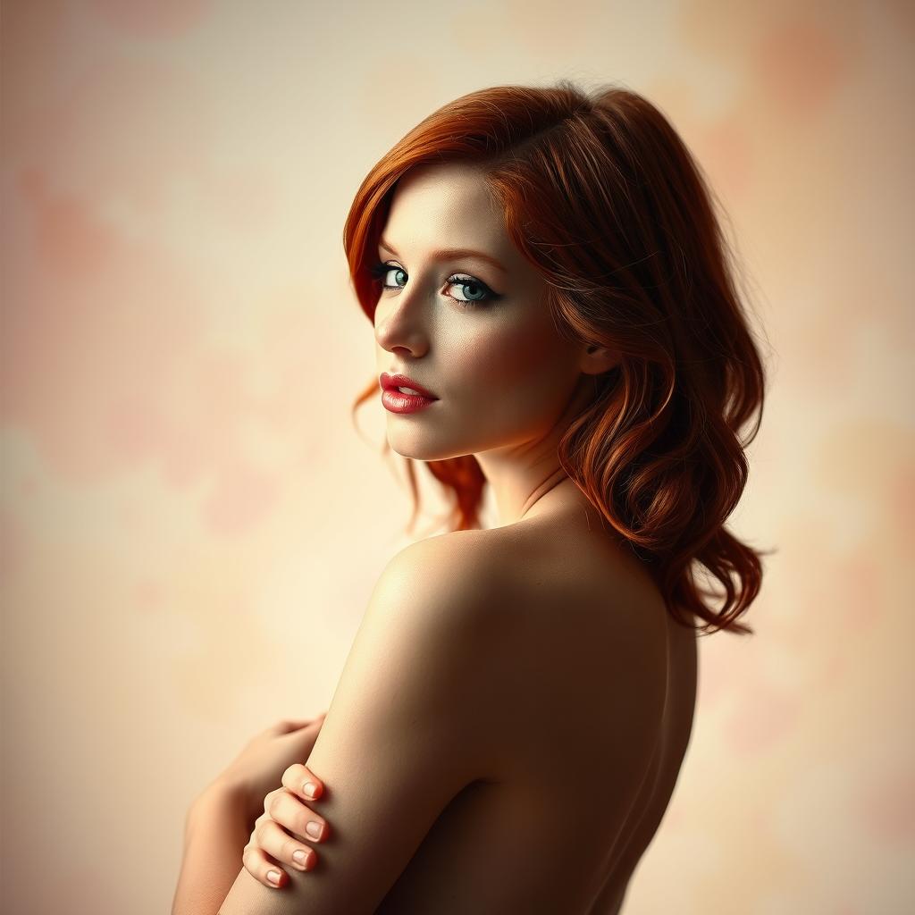 A captivating portrait of a petite redhead woman, posing artistically and confidently in a tasteful manner