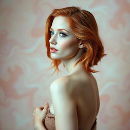 A captivating portrait of a petite redhead woman, posing artistically and confidently in a tasteful manner