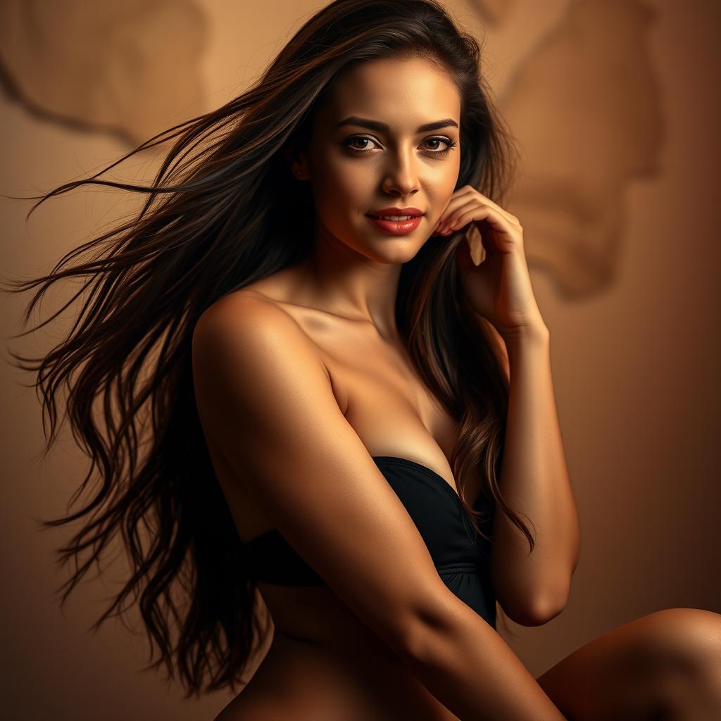 A sultry, sensual portrait of a confident young woman with long flowing hair, posed elegantly in an artistic manner