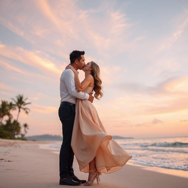 A romantic scene of a couple kissing under a beautiful sunset, with soft pastel colors in the sky