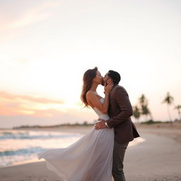 A romantic scene of a couple kissing under a beautiful sunset, with soft pastel colors in the sky