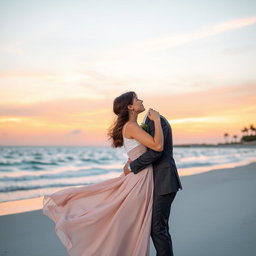 A romantic scene of a couple kissing under a beautiful sunset, with soft pastel colors in the sky