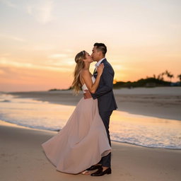 A romantic scene of a couple kissing under a beautiful sunset, with soft pastel colors in the sky