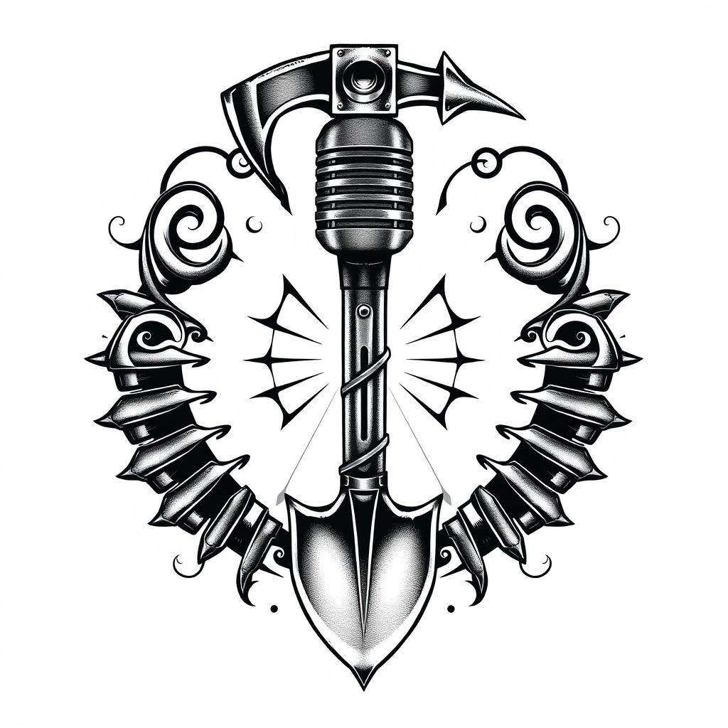 A striking tattoo design that artfully combines a microphone, a pickaxe, and a shovel into one cohesive image