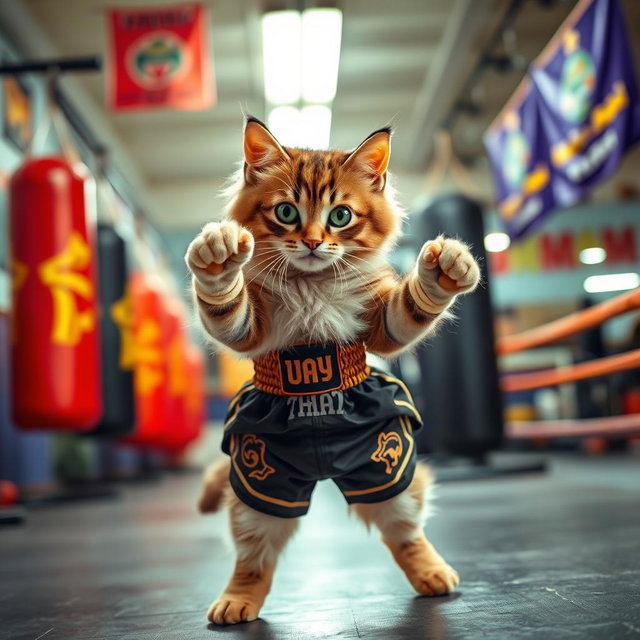 A playful and energetic cat dressed in traditional Muay Thai shorts, striking a fierce Muay Thai fighting pose