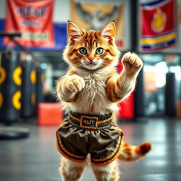 A playful and energetic cat dressed in traditional Muay Thai shorts, striking a fierce Muay Thai fighting pose