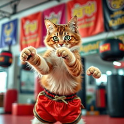 A playful and energetic cat dressed in traditional Muay Thai shorts, striking a fierce Muay Thai fighting pose