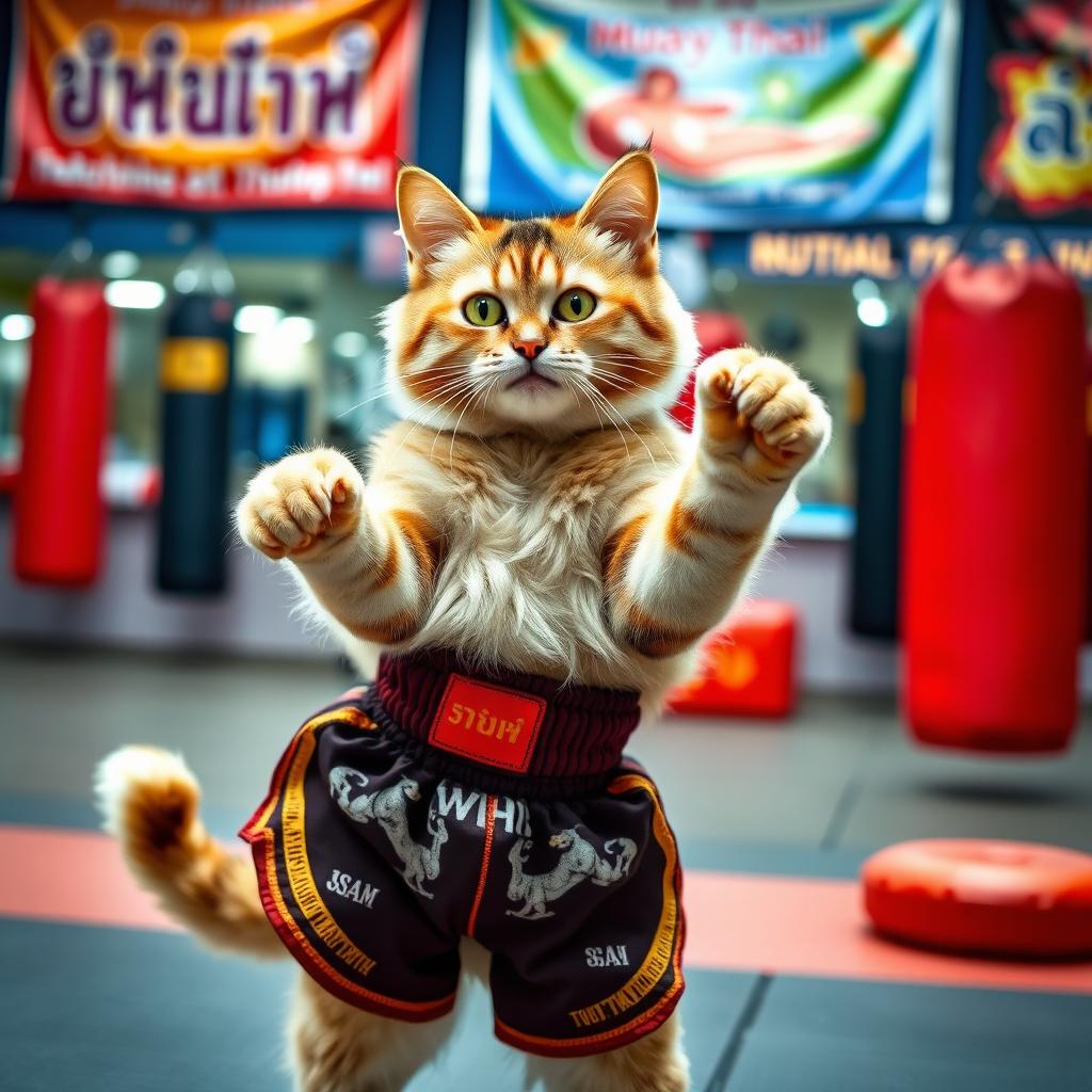 A playful and energetic cat dressed in traditional Muay Thai shorts, striking a fierce Muay Thai fighting pose
