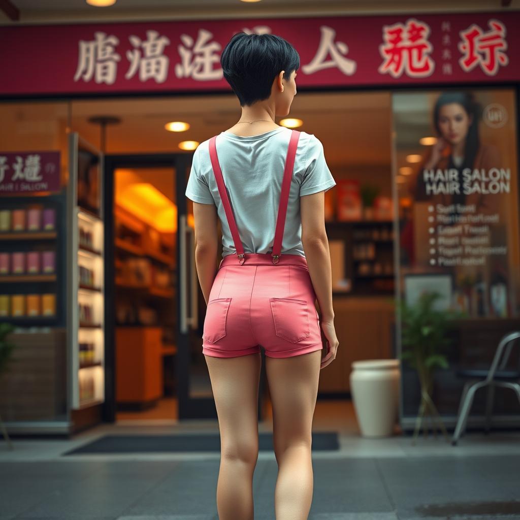 A photorealistic image of an Asian slim lady, approximately 20 years old, with a short, clippered buzzed black hairstyle standing in front of a hair salon shop