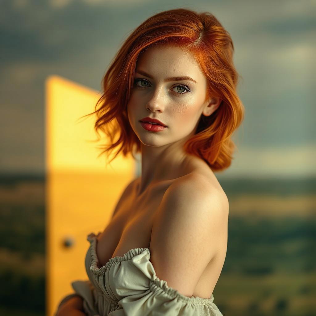 A striking portrait of a young woman with captivating features, showcasing her red hair in soft waves that frame her face
