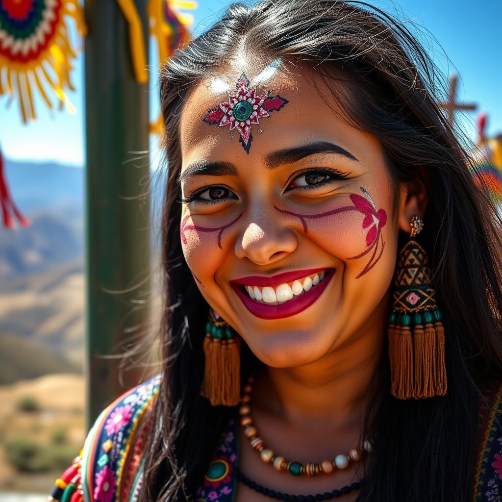 A 25-year-old Bolivian woman with face paint representing her cultural heritage, dressed in traditional colorful attire, surrounded by vibrant cultural elements
