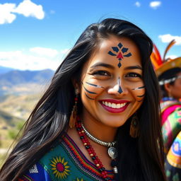 A 25-year-old Bolivian woman with face paint representing her cultural heritage, dressed in traditional colorful attire, surrounded by vibrant cultural elements