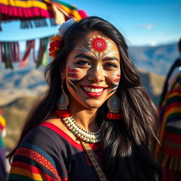 A 25-year-old Bolivian woman with face paint representing her cultural heritage, dressed in traditional colorful attire, surrounded by vibrant cultural elements