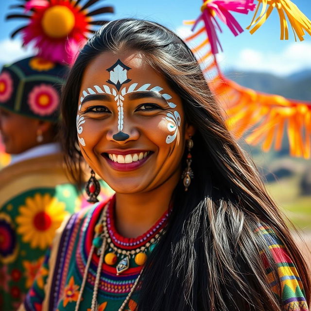 A 25-year-old Bolivian woman with face paint representing her cultural heritage, dressed in traditional colorful attire, surrounded by vibrant cultural elements