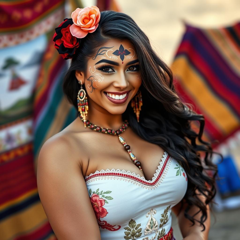A beautiful 25-year-old Bolivian woman with her face painted in traditional cultural designs, showcasing her allure and confidence