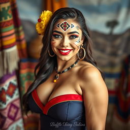 A beautiful 25-year-old Bolivian woman with her face painted in traditional cultural designs, showcasing her allure and confidence