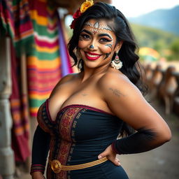 A beautiful 25-year-old Bolivian woman with her face painted in traditional cultural designs, showcasing her allure and confidence