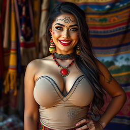 A beautiful 25-year-old Bolivian woman with her face painted in traditional cultural designs, showcasing her allure and confidence