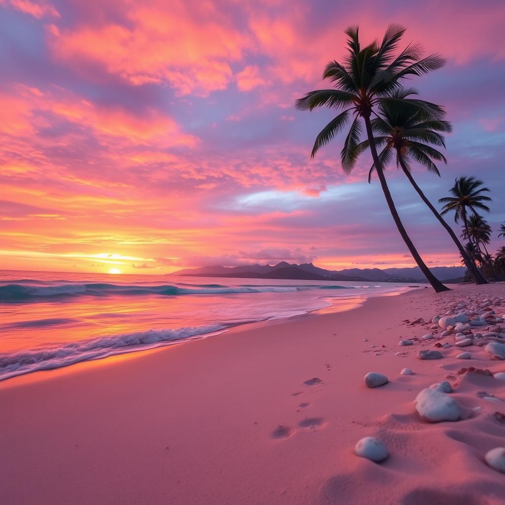 A stunning coastal scene showcasing a tranquil beach at sunset