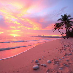A stunning coastal scene showcasing a tranquil beach at sunset