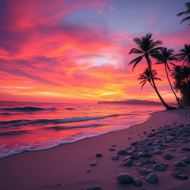 A stunning coastal scene showcasing a tranquil beach at sunset