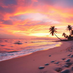 A stunning coastal scene showcasing a tranquil beach at sunset