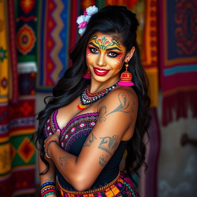 A stunning 25-year-old Bolivian woman with her face painted in bright, traditional designs showcasing her cultural heritage