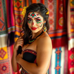 A stunning 25-year-old Bolivian woman with her face painted in bright, traditional designs showcasing her cultural heritage