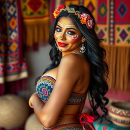 A stunning 25-year-old Bolivian woman with her face painted in bright, traditional designs showcasing her cultural heritage