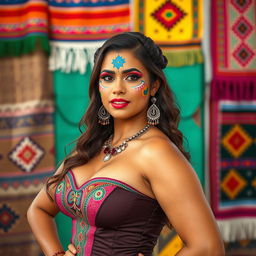 A stunning 25-year-old Bolivian woman with her face painted in bright, traditional designs showcasing her cultural heritage