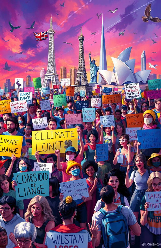 A vibrant digital painting depicting people from diverse backgrounds protesting in various locations around the world