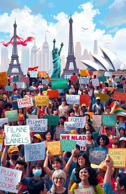 A vibrant digital painting depicting people from diverse backgrounds protesting in various locations around the world