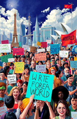 A vibrant digital painting depicting people from diverse backgrounds protesting in various locations around the world