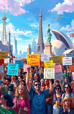 A vibrant digital painting depicting people from diverse backgrounds protesting in various locations around the world