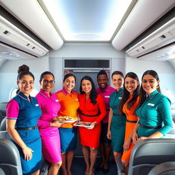 A group of diverse flight attendants standing together in an airplane cabin, wearing stylish uniforms with vibrant colors