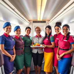 A group of diverse flight attendants standing together in an airplane cabin, wearing stylish uniforms with vibrant colors