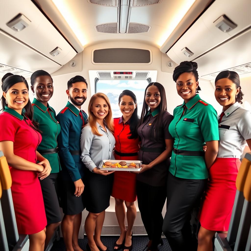 A group of diverse flight attendants standing together in an airplane cabin, wearing stylish uniforms with vibrant colors