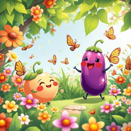 A creatively illustrated fantasy scene featuring anthropomorphic fruit characters, including a smiling peach (🍑) and a playful eggplant (🍆)
