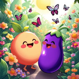 A creatively illustrated fantasy scene featuring anthropomorphic fruit characters, including a smiling peach (🍑) and a playful eggplant (🍆)