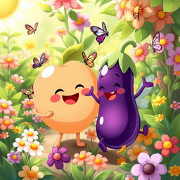 A creatively illustrated fantasy scene featuring anthropomorphic fruit characters, including a smiling peach (🍑) and a playful eggplant (🍆)