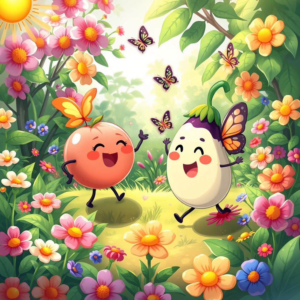 A creatively illustrated fantasy scene featuring anthropomorphic fruit characters, including a smiling peach (🍑) and a playful eggplant (🍆)