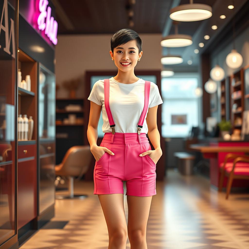A photorealistic full shot of a 20-year-old slim Asian lady standing confidently in front of a hair salon