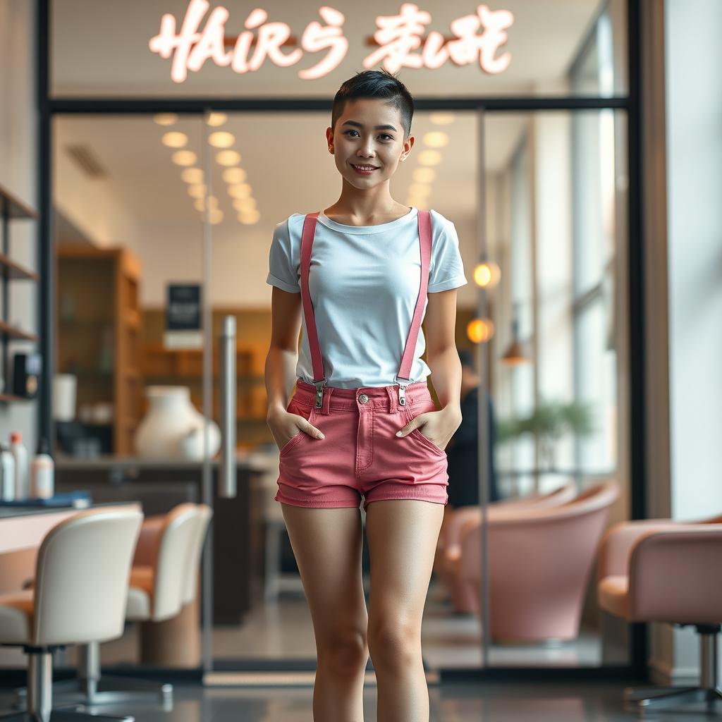A photorealistic full shot of a 20-year-old slim Asian lady with long legs standing confidently in front of a hair salon