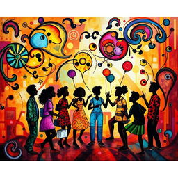 An intricate and colorful artwork depicting an abstract representation of a lively cultural discussion, with swirling patterns and vibrant colors symbolizing diverse ideas and thoughts